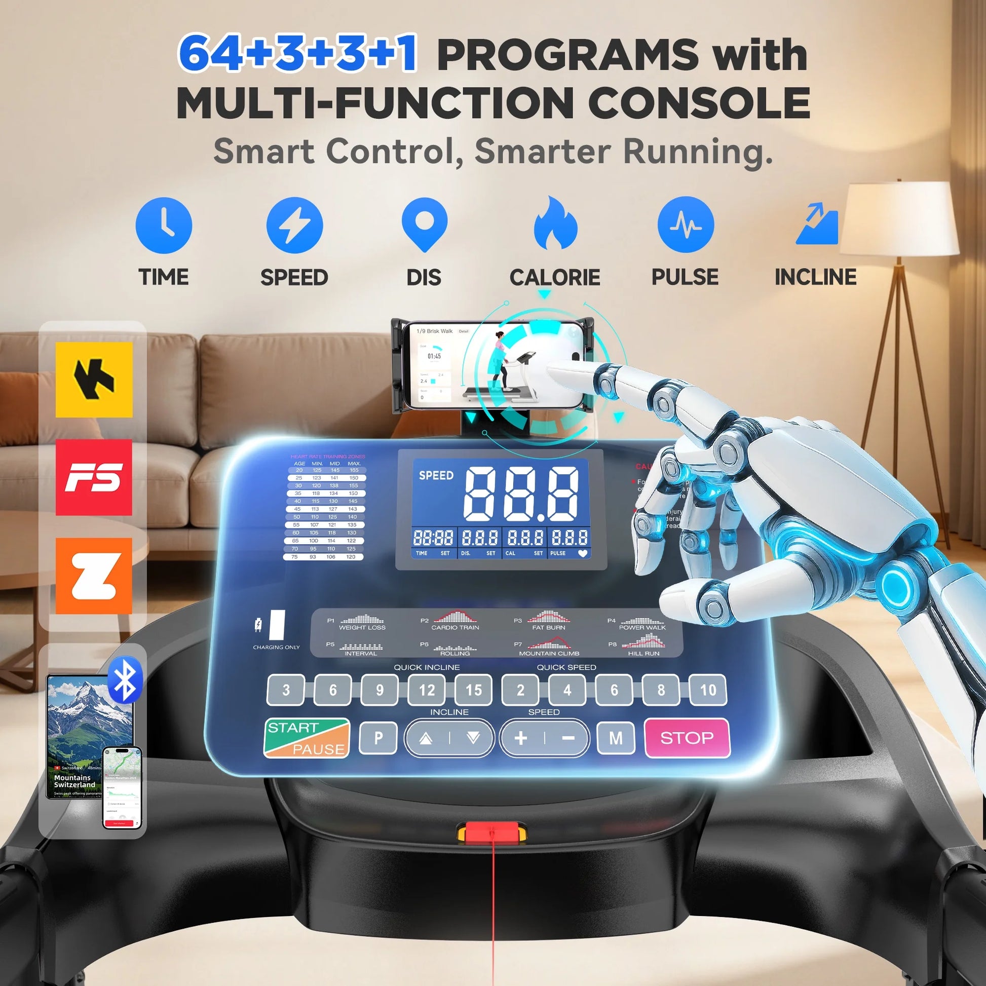 Caminadora Plegable De 5.0HP Para El Hogar Con 20 Inclinaciones Automáticas, Aplicación Inteligente, 300Lbs, Altavoces Bluetooth Hifi, 64 Programas, Velocidad De 12MPH, Máquina De Correr Eléctrica Plegable, Correa Para La Rodilla, Regalo